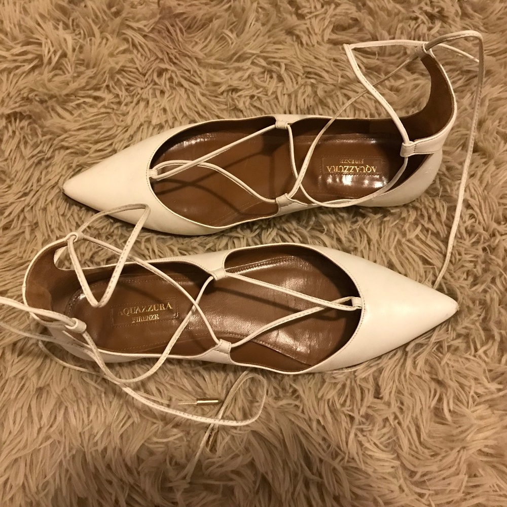 Aquazzura White Leather Lace Up Flats Christy